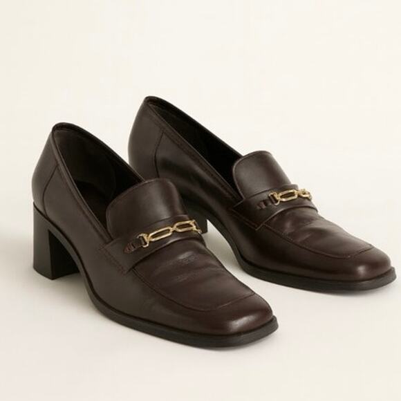 Y2K Nine West Brown Leather 90s Minimalist Leather Heeled Loafers Gold Detail 9 - Picture 3 of 10